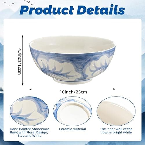 Maxdot Blue and White Bowl 10 x 5 Inch Large Hand Painted Stoneware Decorative Vase Bowl with Floral Chinoiserie Ceramic Design for Kitchen Centerpiece Creative Home Decor thumbnail 3