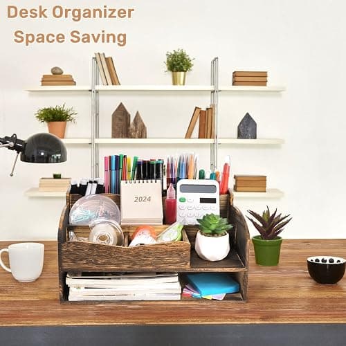 Covzoe Wood Desk Organizer with File Organizer, Vintage Pen Pencil Holder with 9 Compartments, Rustic Makeup Storage Display Case Countertop, Art Supplies Organizers for Home Office thumbnail 2