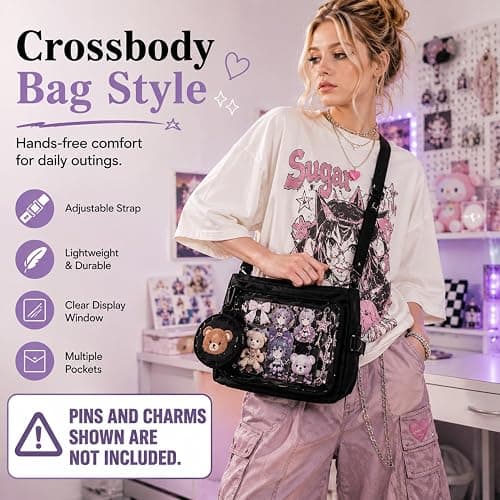 Inshere Ita Messenger Bag, Nylon Cute Pin Display Crossbody Bags Handbags Kawaii Shoulder Purse thumbnail 3