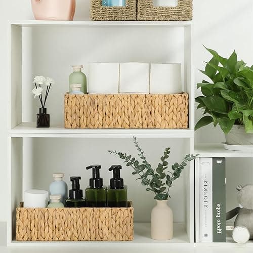 Graciadeco Nesting Small Wicker Basket, Water Hyacinth Toilet Paper Baskets Bathroom Organizer Woven Long Narrow Baskets for Organizing Pantry Bathroom Toilet Tank, 2 Pack thumbnail 2