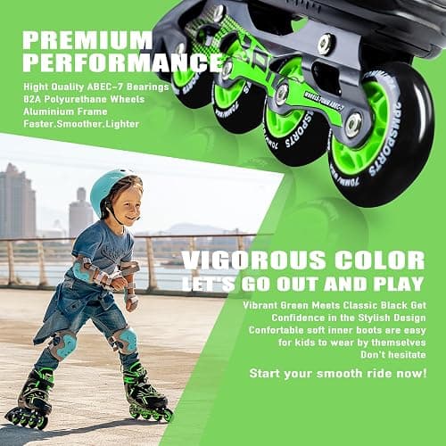 2PM SPORTS Torinx Green Boys Adjustable Inline Skates, Fun Beginner Roller Skates for Kids, Youth, Girls, Men and Women thumbnail 4