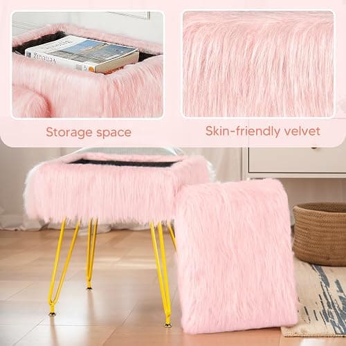 MOOWIND Vanity Stool Chair with Storage, Soft Ottoman Seat Vanity Stool with Anti-Slip Feet, Fluffy Padded Seat Multifunctional Footrest Side Table with 4 Metal Legs for Makeup, Bedroom, Pink thumbnail 6