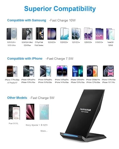 Fast Wireless Charger, NANAMI 15W Qi Certified Wireless Charging Stand Compatible iPhone 17/17 Air/16/15/15 Pro/15 Plus/15 Pro Max/14/13/12, for Samsung Galaxy S25/S24/S23/S22/S21 and Qi-Enabled Phone thumbnail 3
