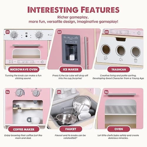 EDUBEBO Kids Kitchen playset, Wooden Play Kitchen, Height Adjustable, Comes with Various Kitchen Accessories, Ideal Role Play Toy Gift for Toddlers and Kids Ages 3-8 (Pink) thumbnail 6