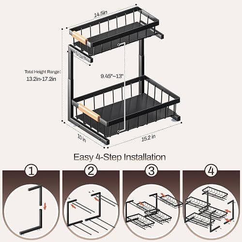 ADBIU Under Sink Organizer, 2 Pack 2 Tier Expandable Height (13.2" - 17.2") Pulling Out Kitchen Bathroom Cabinet Organizers thumbnail 2