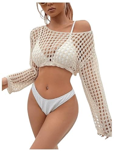 SHENHE Women's Hollow Out Crochet Beach Cover Up Sheer Long Sleeve Crop Top | Beach, Summer, Vacation, Holiday, Rave - Image 1