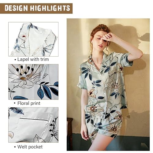 WJing Yi Jia 4Pcs Womens Satin Silky Pajama Sets Short Sleeve Shirt XS-4XL Floral Pajamas Set Soft PJ Loungewear Sleepwear thumbnail 3