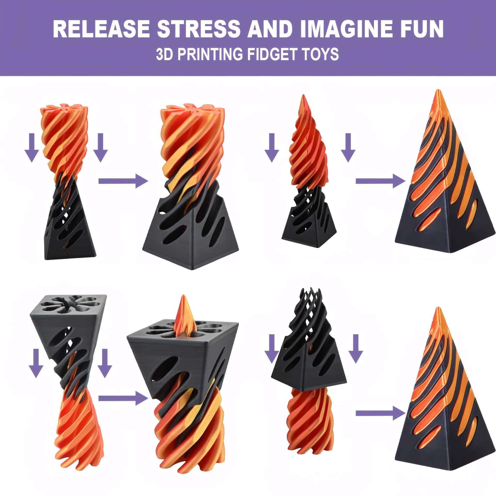 3D Spiral Fidget Stress Relief Toys Suitable(3 Square) | Cone ;Young People;PLA;Multicolor thumbnail 4