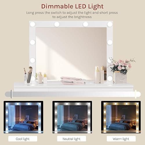 ⭐️WOLTU Dressing Table with Lights and Socket Strip, Vanity Desk with Large LED Mirror and 7 Drawers, Makeup Desk 110x39.5x140cm, White Modern Bedroom Dresser, MB6124ws thumbnail 4