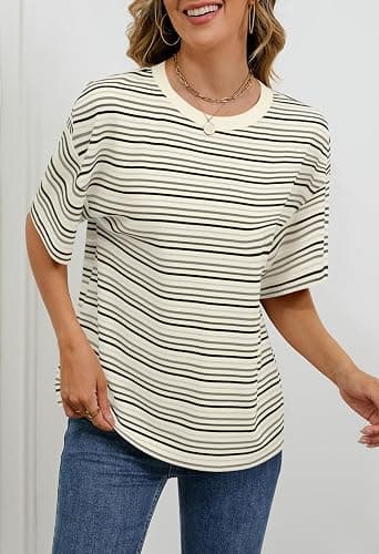 MEROKEETY Women's Summer Short Sleeve Shirt Casual Colourful Striped Crewneck Loose Tops Blouse thumbnail 3