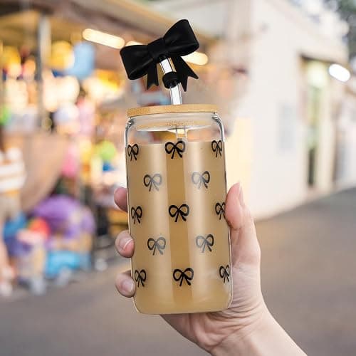 Skylety Set of 2 Coquette Black Bow Glass Cup 16oz Glass Cup with Lids and Straws Reusable Silicone Straw Toppers Lids Protectors 2 Brush for Drinking Coffee Tea Cocktail(Bow) thumbnail 5