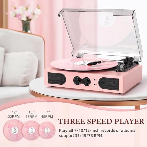 Vinyl Record Player with Built-in Speakers 3-Speed Vintage Record Player Support Treble& Bass Control, 3.5mm Headphone Jack, RCA-Out/Aux in, Belt-Driven LP Turntable,Pink thumbnail 8