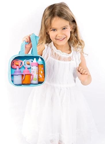 fash n kolor My Sweet Baby Disappearing Doll Feeding Set, Baby Care 6 Piece Doll Feeding Set - for Toy Stroller | 2 Milk & Juice Bottles with 2 Toy Pacifier for Baby Dolls (Blue) thumbnail 2