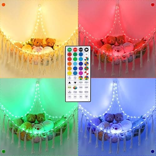 20 Color Change Stuffed Animal Hammock 75LEDs, 55in Extra Large Storage Macrame Hammock with 44-Key Remote, USB Hanging Plush Animal Net for Kids Bedroom Doll Room Corner Organizer (20 Colors, XL) thumbnail 3