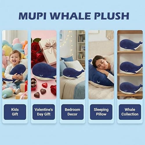 MUPI Whale Stuffed Animals Plush Pillow 4 Size Cute Soft Cotton Plushies Pillows Kawaii Blue Whale Toy Gifts for Kids Boys Girls Adults (Blue, 10 Inch) thumbnail 5