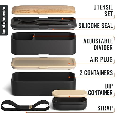 Bentoheaven Premium Bento Box Adult Lunch Box with Compartments for Women & Men, Set of Utensil & Chopsticks & Dip Container, Cute Japanese Kids Bento Lunch Box, Microwavable (Symph Onyx) thumbnail 4