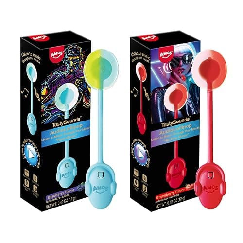 Amos Tasty Sounds Audio Lollipop Candy, Singing Music Lollipop Suckers Sugar Free,Strawberry & Blueberry Natural Flavor, Individually Wrapped 2-Pack Bundle - Image 1
