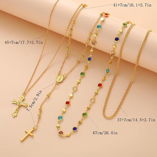 4PCS Layered Gold Cross Necklaces for Women Trendy, Bohemian Bead Pearl Y Long Pendant Necklace Set, Vintage Rosary Necklace Stack Adjustable Length thumbnail 3