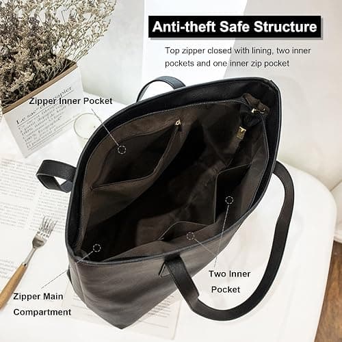 FITDON Tote 🤍Bag with Zip for Women, PU Leather Top Handle Handbags Ladies Shoulder Bag for Work School Travel Shopping thumbnail 5