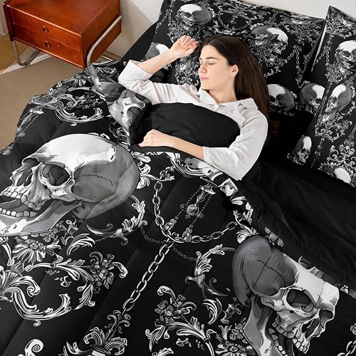Erosebridal Damask Sugar Skull King Bed in A Bag 7 Piece Gothic Skull Pattern Comforter Set with Sheets Halloween Goth Skeleton Bedding Sets for Kids Adults,Bohemian Style Bed Set thumbnail 5