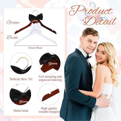 Beeveer 2 Pcs Bride Hanger for Wedding Dress Bride and Groom Wooden Wedding Dress Hanger Set with Bow Tie for Tuxedo Suit Gift Bridal Party Shower thumbnail 2