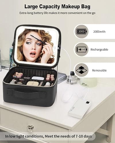 TANTO Makeup Bag With LED Mirror, Travel Makeup Case with Light up Mirror Large Cosmetic Case with 3 Color Lighted Portable Organizer Bag with Adjustable Dividers（Black） thumbnail 5