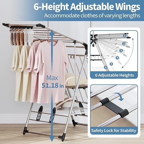 APEXCHASER Clothes Drying Rack with High Hanger, Foldable 3-Level Drying Racks with Shoe Rack, Crossbar and Vertical Rod Laundry Stand with Adjustable Wings Silver thumbnail 4