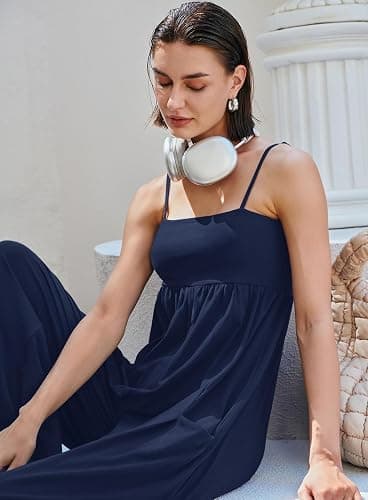 Yanekop Womens Overalls Wide Leg One Piece Jumpsuits with Pockets | Comfy Soft, Loose Fit, Spaghetti Straps Sleeveless Jumpsuits, Long Pant Rompers, Summer Casual Travel Outfits thumbnail 6