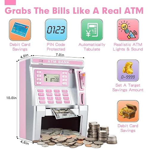 Pink Piggy Bank for Kids, ATM Machine Bank for Real Money with Debit Card, Bill Feeder, Coin Recognition, Balance Calculator, Electronic Savings Safe Box, Gifts for Teen Boy Girl thumbnail 3