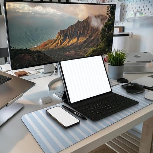 MAY FLOWER Large Aesthetic Mouse Pad, Full Kawaii Keyboard Mat with Cozy Striped Pattern, Cute Computer Mouse Mat, Anti-Slip Rubber Base, 31.5 x 11.8 Inches (Light Blue) thumbnail 6