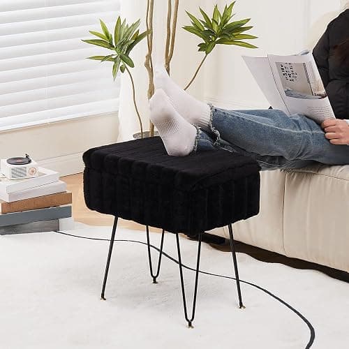 Wimarsbon Storage Ottoman, Vanity Stools with Metal Legs, 16.5" x 11.8" x 18" Modern Faux Mink Fur Footstool, Makeup Chair with Anti-Slip Feet, Accent Table,Footrest,Storage Bench for Bedroom thumbnail 4