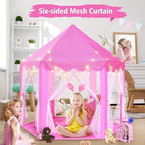 Monobeach Princess Tent Girls Large Playhouse Kids Castle Play Tent with Star Lights Toy for Children Indoor and Outdoor Games, 55'' x 53'' (DxH) - 01 Pink Tent with Little Star Lights thumbnail 3