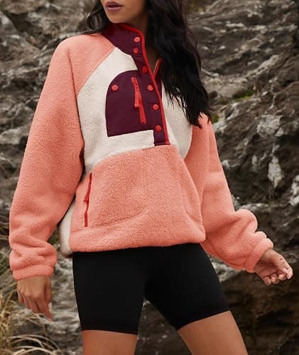 Yanekop Womens Fuzzy Fleece Pullover Sherpa Sweatshirt Long Sleeve Button Down Sweater Winter Fleece Jacket with Pockets thumbnail 4