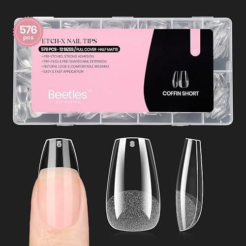 Beetles Short Coffin Nail Tips 576 PCS Half Matte Pre-shape Short Coffin Fake Nails 12 Sizes Full Cover Acrylic False Nails Nail Extension DIY Manicure Gifts for Women - Image 1