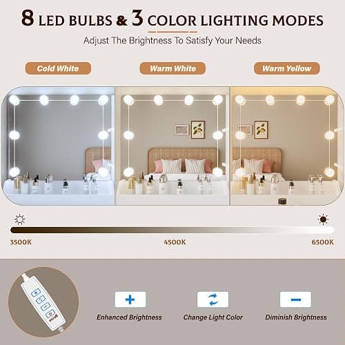 Yegosh Vanity Desk with Mirror and Lights Dimmable LED Makeup Table with Drawers Side Cabinet 3 Storage Shelves Power Outlet Dressing Table Set Include Holder Cushioned Stool for Bedroom(White) - 35.4 Inch+white thumbnail 5