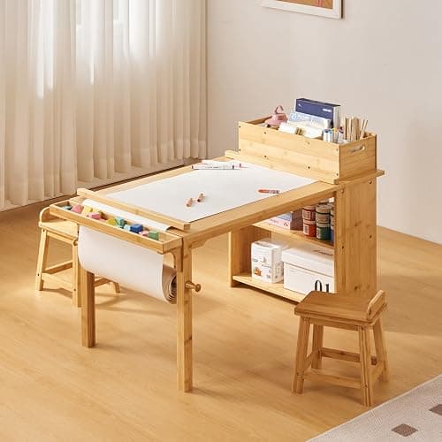 UNICOO Kids Art Table and Chair Set with Paper Roll Holder, Toddler Craft Table with Storage Shelves, Side Supply Tray, Removable Organizer Caddy and 2 Stools, Drawing Activity Desk for Ages 2-12 thumbnail 2