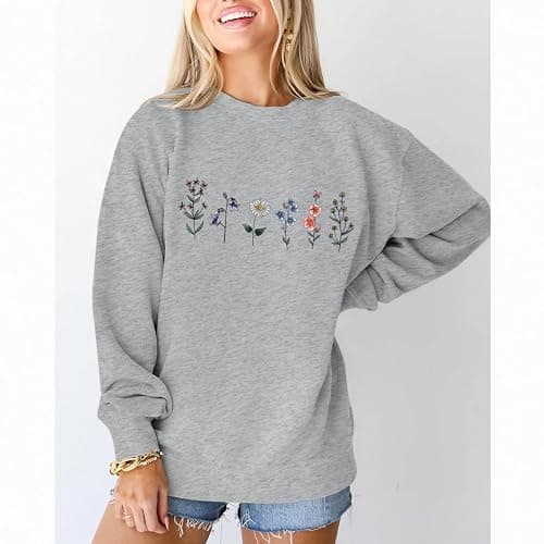 Lytiarul Flower Graphic Sweatshirt for Women Floral Printed Vintage Long Sleeves Shirt Crewneck Hoodie Loose Pullovers Tops thumbnail 2