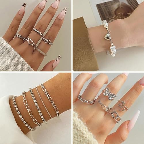 VKME 43 PCS Silver Jewelry Set for Women,Ball Dangle Hoop Earrings,Multi Layered Bracelets,Stackable Knuckle Rings,Adjustable Dainty Necklaces,Anniversary Valentine Fashion Trendy Party Gift Pack thumbnail 4