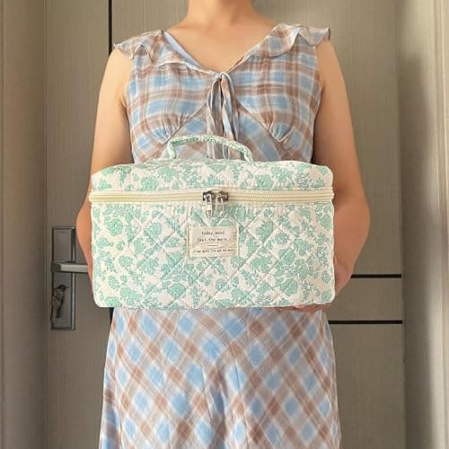 WYJ Green Large Quilted Floral Makeup Bag Cute Soft Coquette Aesthetic Cosmetic Bag Cotton Travel Toiletry Bag for Women thumbnail 5