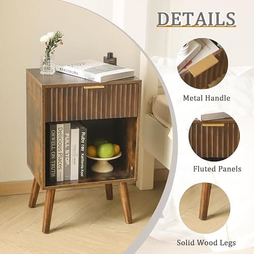 Fultyle Mid Century Modern Nightstand, Wood Bedside Table with Drawer and Opening Storage, End Table Living Room Fluted Night Stand with Solid Wood Legs for Bedroom (Rustic Brown) thumbnail 4