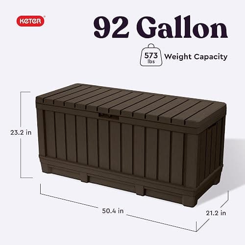 Keter Kentwood 92 Gallon Resin Deck Box-Organization and Storage for Patio Furniture Outdoor Cushions, Throw Pillows, Garden Tools and Pool Floats, Brown thumbnail 2