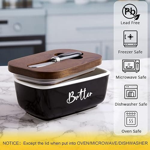 ALELION Black Butter Dish with Lid and Knife for Countertop - Airtight Ceramic Butter Keeper Container with Thick Acacia Wood Lid for Counter or Fridge - for Farmhouse Kitchen Decor and Accessories thumbnail 4