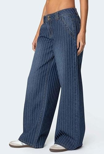 loveimgs Women Mid Rise Wide Leg Jeans Y2k Baggy Striped Jeans Boyfriend Flared Denim Pants Pocket Patchwork Trousers 2026 thumbnail 2