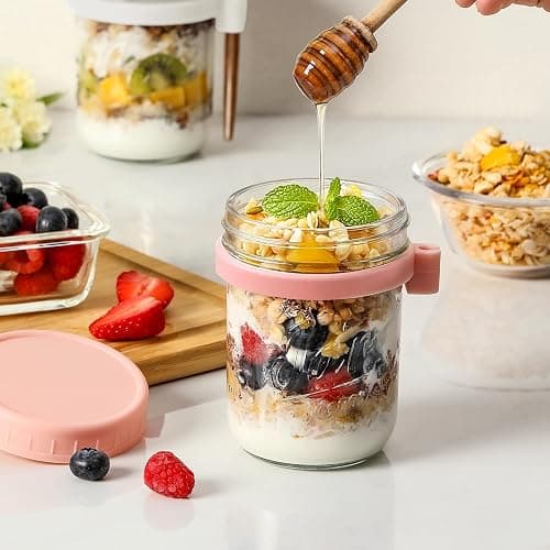 4 Pack Overnight Oats Containers with Lids and Spoons, 16 oz Glass Mason Jars with Airtight Lids, Overnight Oats Jars for Milk, Cereal, Fruit thumbnail 2