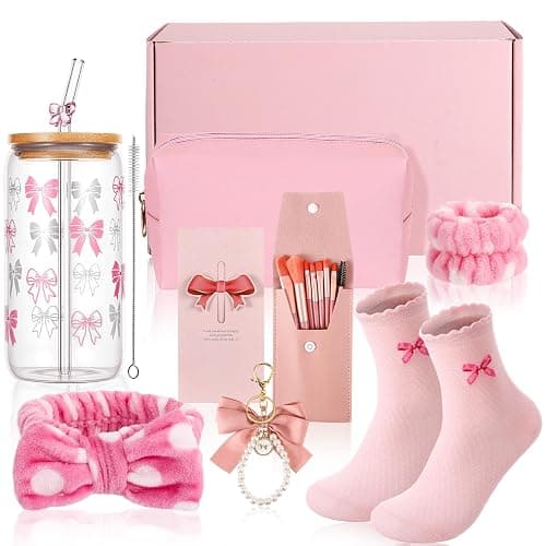 saerryor Birthday Gifts for Girls, Bow Glass Cup with Lid and Straw Card Keychain Pendant Makeup Brushes Cosmetic Bag Socks Headband, Pink - Image 1