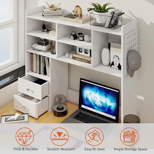 ELECWISH Desktop Bookshelf, Desk Shelf with 2 Drawers for Computer Desk, 36.22" 7-Tier Adjustable Desktop Hutch Organizer with Pegboard for Home Office, White thumbnail 6