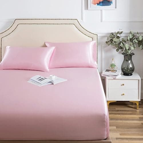 LuxBedding Satin Fitted Bed Sheet, Soft as Silk, Full Size, 1 Piece, Pink | Satin Fitted Sheet Only, Full Size Fitted Sheet, 1 Piece Bottom Bed Sheet, Soft and Comfortable Like Silk,Deep Pocket - Image 1