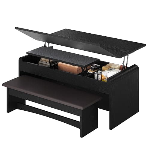 Homiflex Lift Top Coffee Table with Bench, 40 Inch Multi-Function Coffee Tables Set with Hidden Compartment, Curved Profile Design, Converts to Home Office Table, Dining & Center Table for Living Room thumbnail 7