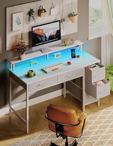 Seventable Computer Desk with Power Outlets & LED Light, 39 inch Home Office Desk with 5 Drawers, Writing Desk with Monitor Stand, Work Desk for Home Office, White thumbnail 4