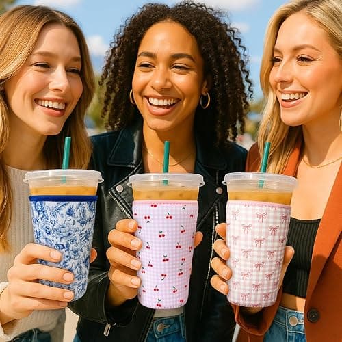Reusable Insulated Neoprene Iced Coffee Cup Sleeve, Durable Drink Sleeve for Cold Beverages, Beverage Holder for Iced Coffee, Lovely Bows thumbnail 3